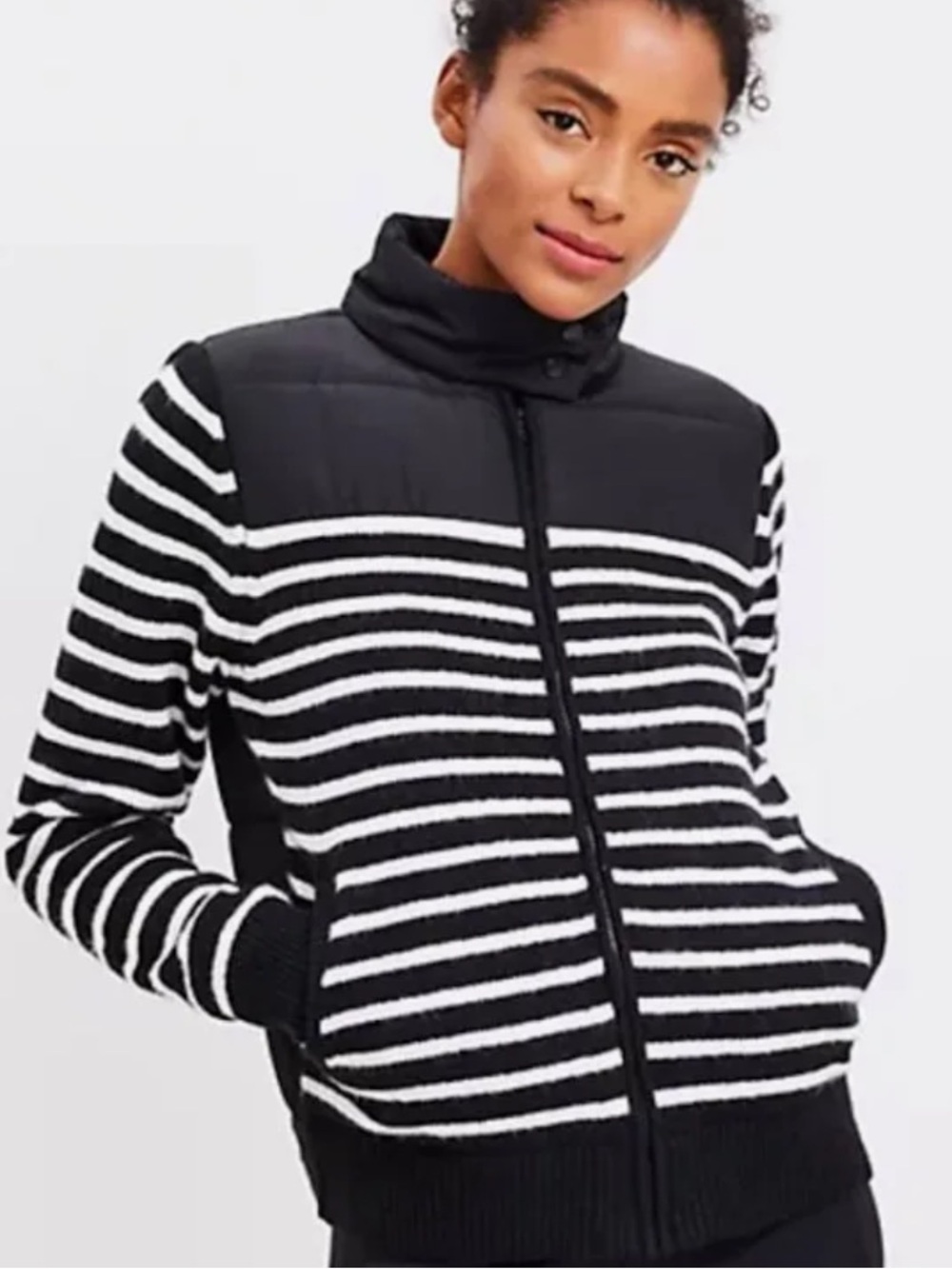Lou & Grey Black and White Striped Zip-Up sweater / puffer mixed media Jacket
